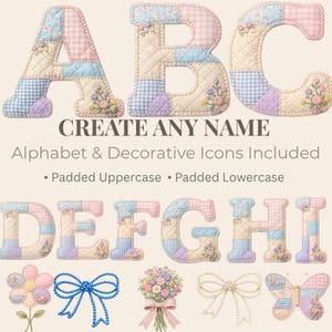 Paquete de letras PNG de patchwork para alfabeto, letras para nombres de bebé, conjunto de alfabeto para guardería, letras de patchwork, lindos íconos de lazo, mariposa, estrella, luna y flor