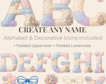 Patchwork Alphabet PNG Bundle, Quilt Letters, Nursery Name Icons (Digital Download)