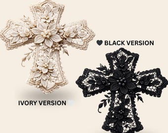 May include: Two ornate cross designs are displayed, one ivory and one black. The ivory cross features floral embellishments and pearl accents. The black cross has similar floral details. Text reads "2 DESIGNS INCLUDED", "IVORY VERSION", and "BLACK VERSION".