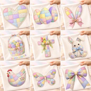 Puede incluir: Una colección de nueve diseños con temática de Pascua sobre tela blanca. Los diseños incluyen un corazón, huevos de Pascua, orejas de conejo, una cesta de huevos con el texto "Happy Easter", una cruz, un conejo, una gallina, una mariposa y un lazo, todos con estética de patchwork.