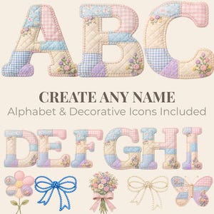 Patchwork-alfabet PNG-bundel, babynaambrieven, kinderalfabetset, quiltletters, schattige pictogrammen strik vlinder ster maan bloem