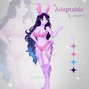 May include: A digital illustration of an anthropomorphic rabbit character with long dark hair, blue eyes, and light purple fur. The character wears pink lingerie and features dark purple swirling patterns on the legs. Text reads Adoptable by milunaki.
