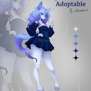 May include: A digital illustration of a unicorn-like character with blue and purple hair, a white horn, and a dark blue dress. The image includes the word "Adoptable" and the artist's name. The character is making a peace sign.