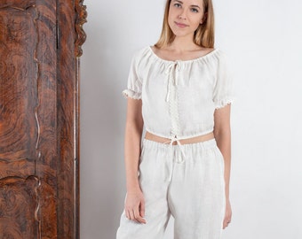 Linen Pajama Set Anastasia in White For Women/ Cropped Pajama Top And Trouser/ Luxury Pajama Linen/Flax Pajama Women's
