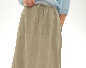 Linen Wide Skirt/ Midi Linen skirt With Deep Side Pockets / | Etsy