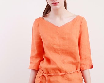 Linen  Tunic CLARA for Woman/ Linen Top in Terracotta/ Linen Tunic with Wider Opened V- Neck
