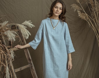 Linen Dress VERA with Higher Neck/ Dress Knee Length Simple and Minimalist/ Linen Dress Elegant