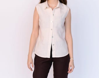 Linen Sleeveless Top, Buttoned Shirt Collar, Organic Blouse Lena