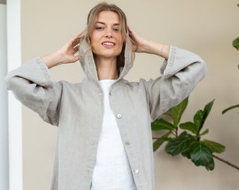 Linen Hooded Jacket Tara/ Long Jacket Oversize/ Linen Long Cardigan Laced/ Linen Boho Shirt with Long Sleeves Laced/ Linen Tunic