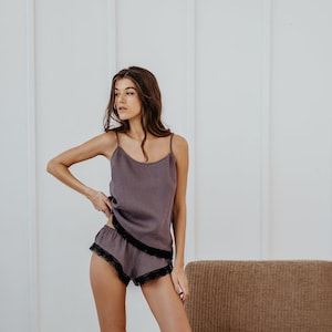 Linen Cami Isabella with Laced Bottom for Holiday /Linen Strapped Top in Egg Plant Color/ Linen Eco Friendly/Linen Top/ Linen Sleepwear/