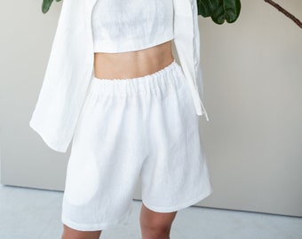 High Waisted Linen Shorts Maya/ Summer Shorts with Deep Side Pockets/ Natural Handmade Clothing for Holiday
