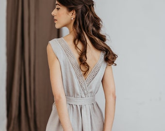 Linen Midi Dress MILA/ Elegant Linen Dress With Open Back and Lace/ Wedding Guest Dress/ Natural Linen Boho Dress/ Bridesmaid Dress Linen