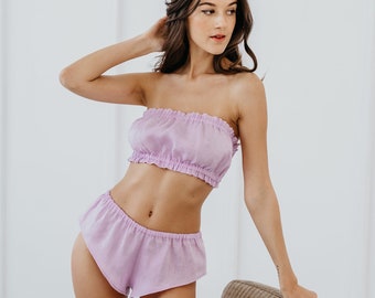 Ensemble de lingerie en lin des Fêtes respectueux de l'environnement/ Bandeau et slip français/ Vêtements de nuit et sous-vêtements/ Linge de maison de luxe pour l'été/ Lingerie lune de miel