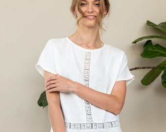 Linen Natural Tunic Antique With Pure Linen Lace/ Linen Boho Blouse Laced Sleeveless / Linen Luxury Blouse
