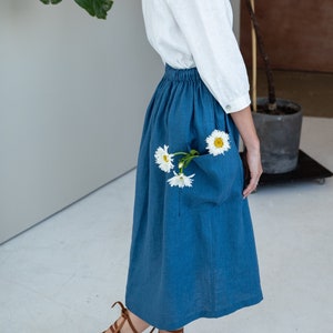 Linen Midi Skirt Melody/ Wide Gathered Skirt with Big Side Pockets / Vintage Look Skirt Natural/Elegant linen outfits for special occasion