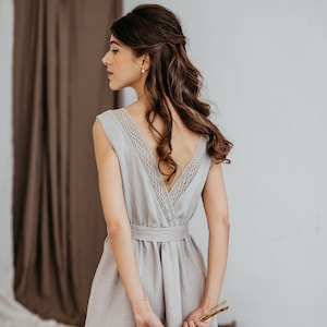 Leinen Midi Kleid MILA/ Elegantes Leinen Kleid Mit Offenem Rücken und Spitze/ Hochzeitsgast Kleid/ Natur Leinen Boho Kleid/ Brautjungfern Kleid