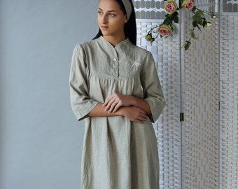 Linen Long Gown Natural DRAGONFLY/ Linen Night Dress Loose/ Eco Friendly Robe with Neck-Stand and 3/4 Sleeves/ Sleepwear Linen Vintage