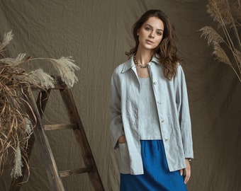 Loose Linen Jacket BERKLEY /Jacket for women/ Linen Cardigan with Pockets/Flax Linen Blazer/Women's Overshirt/ Linen Shirt with Collar