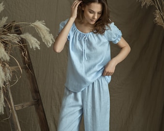 Linen Pajama Set FLORA/ Luxury Loungewear for Woman/ Peasant Top and Bloomers Ruffled/ Linen Gift for Wife,Girl/ Sustainable Linen Sleepwear