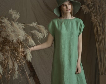 Loose Linen Dress Midi/ Linen Sundress in Green/ Flax Dress- Tunic Sleeveless/ Simple Summer Dress/ Linen Clothing for Women/Pregnancy Dress