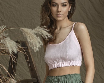 Linen Top-Bustier with Buttoned Back/ Linen Strapped Top Fashionable/ Organic Crop Top/ linen holiday resort top/ Comfortable for summer
