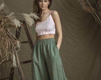 Linen Cropped  Pants Tori  in Midi Length/ Wide Leg Linen Culottes/ Wide Skirt-Pants Organic