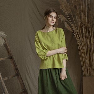 Camicetta in lino GRETA oversize con scollo a barca e maniche larghe/maglia autunnale in lino naturale fatta a mano/camicia ampia in lino/camicia contadina/regalo per donna