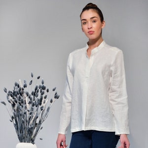 Linen White Longsleeve Shirt ANNA/ Womens Formal Shirt with Band Collar/ Modest Linen Shirt/ Elegant Relaxed Fit Shirt/ Gift for Wife Sister