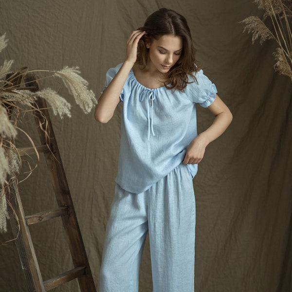 Linen Pajama Set FLORA/ Luxury Loungewear for Woman/ Peasant Top and Bloomers Ruffled/ Linen Gift for Holiday/ Sustainable Linen Sleepwear