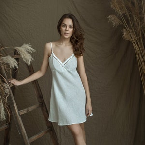 Linen White Short Night Gown ANELE LACE / Linen Slip with Pure Linen Lace/ Linen Underwear Luxury/ Linen Sleepwear