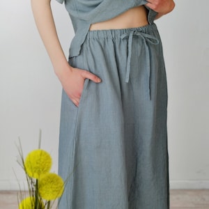 READY TO SHIP Size S/Linen Skirt Suit/Linen Long Wide Skirt and Blouse Short Sleeved in Blueish Grey Linen/ Skirt with Drawstring Waist image 3