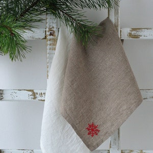 Set of 2 linen natural and white towels with handmade embroidery