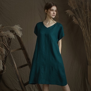 Linen Work Midi Dress, Trapeze Shape with Belts