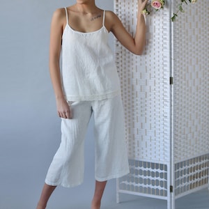 Linen  cropped wide leg pajama pants Isabella in white