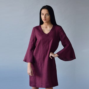 Linen Dress SYLVIA Oversize  With Flared Sleeves  / Linen Elegant  Tunic - Dress Midi in Marsala Color/ Bohemian Dress Linen