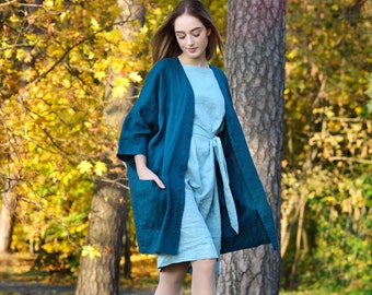 Luftiger Leinen Blazer/ Lockere Lange Strickjacke mit Taschen/ Leinen Oversize Jacke/ Flachs Mantel in Verschiedenen Farben