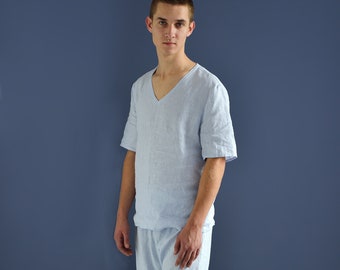 Men's Linen Pajama Set with Shorts. Pale Blue Pajama Set. Gift for Husband Boyfriend. Linen Sustainable Sleepwear