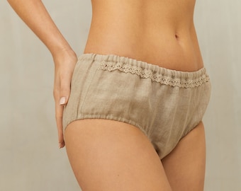Linen Natural Panties Midi High. Lace Linen Underwear For Women. Linen Knickers. Linen Lingerie