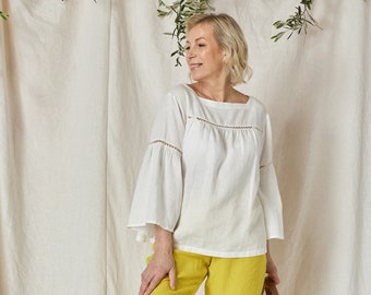 Linen Blouse BOHO with Lace/ Natural Boho blouse/ Linen Oversize Top/ Linen Hippie Blouse/ Linen Shirt 3/4 sleeves