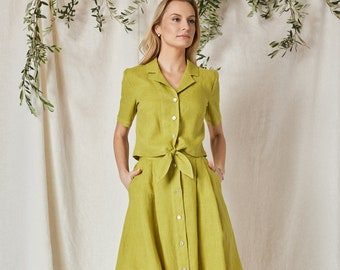 SAMPLE SALE - 40%/ Size S/ Linen Boho Dress Suit PALOMA in Lime Green/ Wide Midi Skirt Buttoned Front and Cropped Jacket/Romantic Outfit