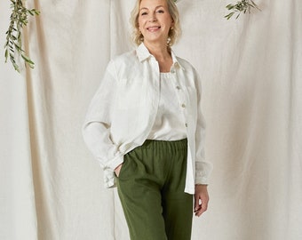 White Linen Shirt Katerina, Long Sleeve Flax Top with Pockets