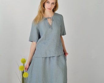 READY TO SHIP Size S/Linen Skirt Suit/Linen Long Wide Skirt and Blouse Short- Sleeved in Blueish Grey Linen/ Skirt with Drawstring Waist