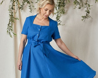 Royal Blue Linen Midi Dress Gloria, Short Sleeve A-Line Vintage Style