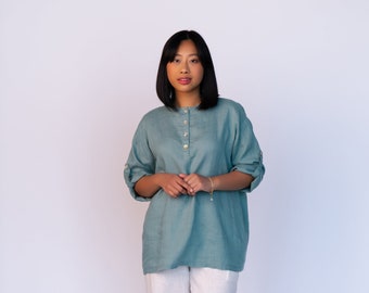 Linen Shirt HELEN Voluminous Fit. Linen Oversize Top with Long Sleeves. Loose Linen Top. Summer Hiking Shirt Organic. Roomy Airy Linen Shirt