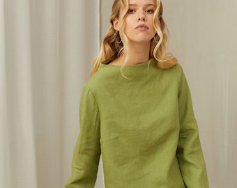 AYA- Linen Blouse With High Neck and Long Sleeves. Linen Relaxed Fit Top in Green. Loose Linen Shirt. Gift for Her