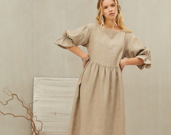 Linen Smock Dress SCARLET Maxi Length. Voluminous Dress with Ruffle Sleeves.  Linen Loose Natural Dress. Comfortable Dress with Puff Sleeves
