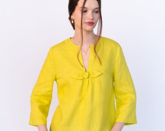 ROSEMARY- Linen Elegant Blouse in Yellow/ Linen Tunic with Rose Decor/ Linen Luxurious Top/ Boho Linen Tunic/ Flax Tunic/ Gift for Wife