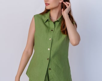 Linen Shirt LENA Sleeveless in Green/ Linen Top Buttoned Down Front/ Shirt Collared in Pure Linen/ Linen Organic Blouse with Collar/Flax Top