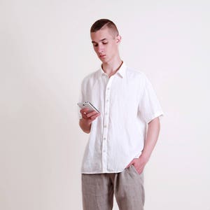 Linen White Shirt for Men/ Short Sleeve Casual Men Shirt with Buttons/ Summer Shirt/ Linen Clothing for Men image 1