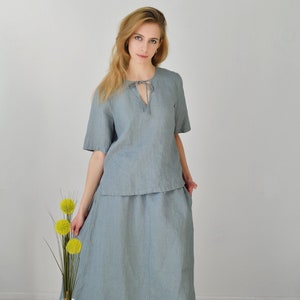 READY TO SHIP Size S/Linen Skirt Suit/Linen Long Wide Skirt and Blouse Short Sleeved in Blueish Grey Linen/ Skirt with Drawstring Waist image 1